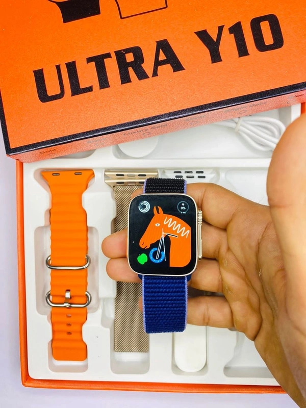 Ultra Y10 Smart Watch With Apple Logo & 4 Strap - Silver, Free