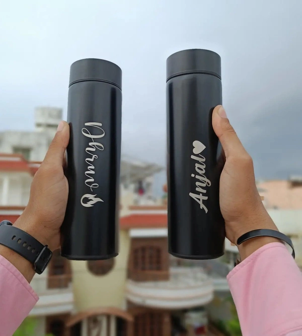 PBA Smart Customisable Name Water Bottle Stainless Steel Vacuum Flask ,with LCD Touch Screen Temperature Display, Double Wall Vacuum Insulated Coffee Cup and Water Cup for Hot and Cold (Black) - Black, 500 ML