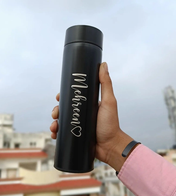 PBA Smart Customisable Name Water Bottle Stainless Steel Vacuum Flask ,with LCD Touch Screen Temperature Display, Double Wall Vacuum Insulated Coffee Cup and Water Cup for Hot and Cold (Black) - Black, 500 ML