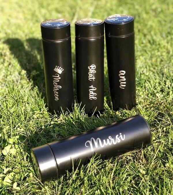 PBA Smart Customisable Name Water Bottle Stainless Steel Vacuum Flask ,with LCD Touch Screen Temperature Display, Double Wall Vacuum Insulated Coffee Cup and Water Cup for Hot and Cold (Black) - Black, 500 ML