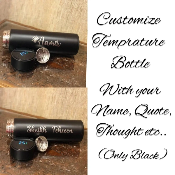 PBA Smart Customisable Name Water Bottle Stainless Steel Vacuum Flask ,with LCD Touch Screen Temperature Display, Double Wall Vacuum Insulated Coffee Cup and Water Cup for Hot and Cold (Black) - Black, 500 ML