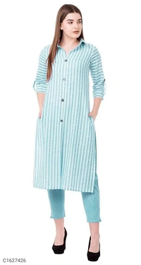 Beautiful Cotton Striped Printed Kurti Pant Sets⚡⚡ Quantity: Only 5 units available⚡⚡
