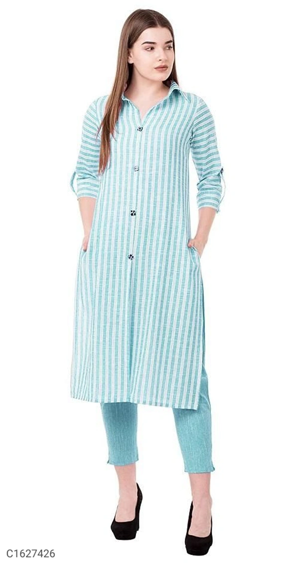Beautiful Cotton Striped Printed Kurti Pant Sets⚡⚡ Quantity: Only 5 units available⚡⚡