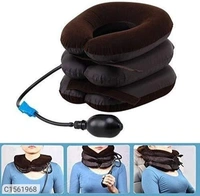 Velvet and Rubber 3 Layer Neck Pillow Neck Massager for Cervical Spine Package Contains: It has 1 Piece of MassagerMaterial: Velvet & RubberProduct Dimension( L x W x H in cm): 30 x 25 x 16How to use: Use a mirror to position the device correctly. Use the two nylon straps in the front to adjust the fitting. Before inflation, push the wheel on the airlock down away from the hand pum
