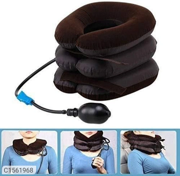Velvet and Rubber 3 Layer Neck Pillow Neck Massager for Cervical Spine Package Contains: It has 1 Piece of MassagerMaterial: Velvet & RubberProduct Dimension( L x W x H in cm): 30 x 25 x 16How to use: Use a mirror to position the device correctly. Use the two nylon straps in the front to adjust the fitting. Before inflation, push the wheel on the airlock down away from the hand pum