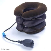 Velvet and Rubber 3 Layer Neck Pillow Neck Massager for Cervical Spine Package Contains: It has 1 Piece of MassagerMaterial: Velvet & RubberProduct Dimension( L x W x H in cm): 30 x 25 x 16How to use: Use a mirror to position the device correctly. Use the two nylon straps in the front to adjust the fitting. Before inflation, push the wheel on the airlock down away from the hand pum