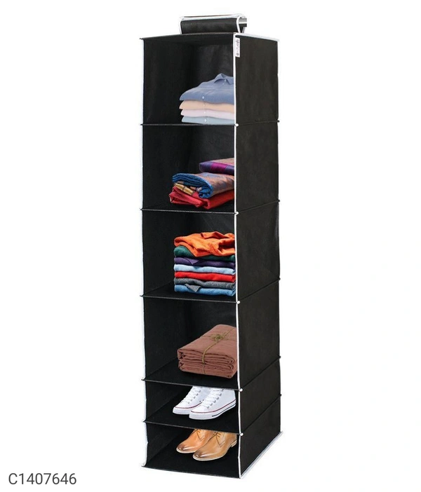 Organizer- 6 Shelves Foldable Hanging Wardrobe Organizers⚡⚡ Quantity: Only 5 units available⚡⚡*Details:*Product Description: Foldable Hanging Wardrobe Organizers is comprised of 6 roomy, easy-access shelves that allow ample room for storing and organizingPackage Contains: It has 1 Piece of 6 Shelves Hanging OrganizerMaterial: Non-WovenProduct Dimension ( L x W x H in cm ): 10 x 12 