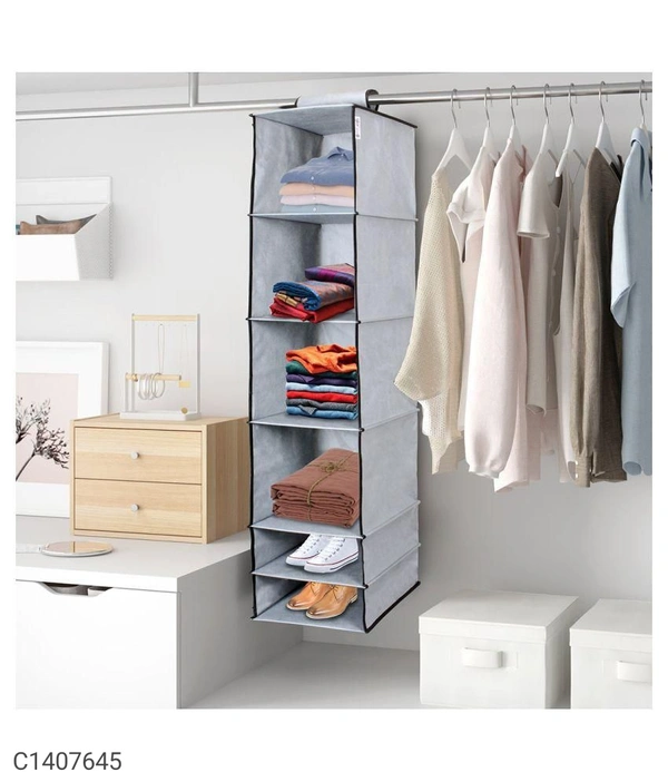 Organizer- 6 Shelves Foldable Hanging Wardrobe Organizers⚡⚡ Quantity: Only 5 units available⚡⚡*Details:*Product Description: Foldable Hanging Wardrobe Organizers is comprised of 6 roomy, easy-access shelves that allow ample room for storing and organizingPackage Contains: It has 1 Piece of 6 Shelves Hanging OrganizerMaterial: Non-WovenProduct Dimension ( L x W x H in cm ): 10 x 12 