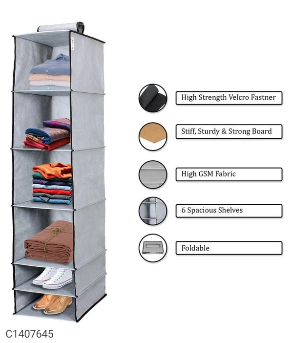 Organizer- 6 Shelves Foldable Hanging Wardrobe Organizers⚡⚡ Quantity: Only 5 units available⚡⚡*Details:*Product Description: Foldable Hanging Wardrobe Organizers is comprised of 6 roomy, easy-access shelves that allow ample room for storing and organizingPackage Contains: It has 1 Piece of 6 Shelves Hanging OrganizerMaterial: Non-WovenProduct Dimension ( L x W x H in cm ): 10 x 12 
