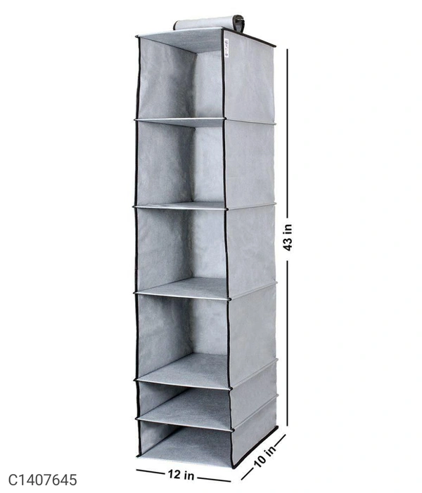 Organizer- 6 Shelves Foldable Hanging Wardrobe Organizers⚡⚡ Quantity: Only 5 units available⚡⚡*Details:*Product Description: Foldable Hanging Wardrobe Organizers is comprised of 6 roomy, easy-access shelves that allow ample room for storing and organizingPackage Contains: It has 1 Piece of 6 Shelves Hanging OrganizerMaterial: Non-WovenProduct Dimension ( L x W x H in cm ): 10 x 12 
