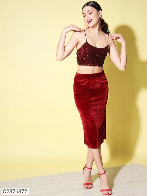 Trend Arrest Women's Polyester Sequin Velvet Top & Skirt Sets⚡⚡ Quantity: Only 5 units available⚡⚡*Details:*<p>Product Name:&nbsp;Trend Arrest Women's Polyester Sequin Velvet Top &amp; Skirt Sets Package Contains: It has 1 Piece of Top &amp; Skirt Top &amp; Skirt Size: S Top &amp; Skirt Color: Redn Top &amp; Skirt Fabric: Polyester Top &amp; Skirt Pattern: Sequin &amp; Solid Top St