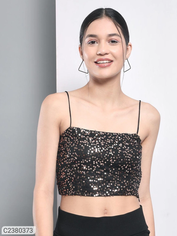 Trend Arrest Women's Polyester Golden Sequin Crop Top⚡⚡ Quantity: Only 5 units available⚡⚡*Details:*Product Name: Trend Arrest Women's Polyester Golden Sequin Crop TopPackage Contains: It has 1 Piece of Top
Color: Black
Fabric: Polyester
Pattern: Sequin
Style: Fitted
Occasion: Party
Combo/Set of: Pack of 1
Brand: Trend Arrest
Length: Short Length
Sleeve Length: Shoulder Straps
Neck