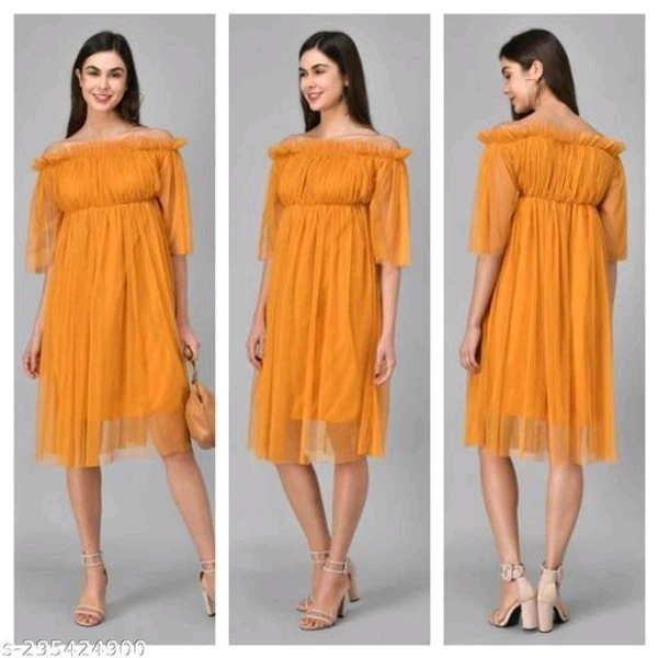Graceful Women Dresses*Fabric: NetSleeve Length: Product DependentPattern: SolidNet Quantity (N): 1Sizes:S (Bust Size: 34 in, Length Size: 35 in) M (Bust Size: 36 in, Length Size: 35 in) L (Bust Size: 38 in, Length Size: 35 in) Free Size (Bust Size: 35 in, Length Size: 35 in) 