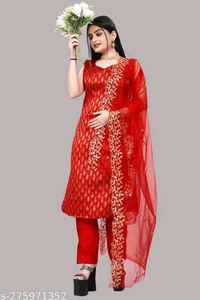 Petite Women Kurta Sets*Kurta Fabric: Banarasi SilkBottomwear Fabric: Taffeta SilkFabric: JacquardSleeve Length: Product DependentSet Type: Product DependentBottom Type: PantsPattern: PrintedNet Quantity (N): Single