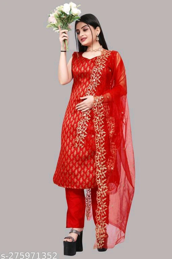 Petite Women Kurta Sets*Kurta Fabric: Banarasi SilkBottomwear Fabric: Taffeta SilkFabric: JacquardSleeve Length: Product DependentSet Type: Product DependentBottom Type: PantsPattern: PrintedNet Quantity (N): Single