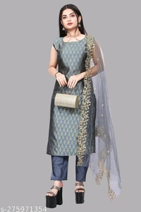 Petite Women Kurta Sets*Kurta Fabric: Banarasi SilkBottomwear Fabric: Taffeta SilkFabric: JacquardSleeve Length: Product DependentSet Type: Product DependentBottom Type: PantsPattern: PrintedNet Quantity (N): Single