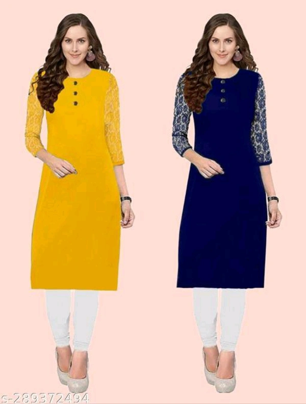 Petite Kurtis*Fabric: CrepeSleeve Length: Three-Quarter SleevesPattern: Embroidered,SolidCombo of: Combo of 2Sizes:XS (Bust Size: 35 in, Size Length: 40 in) S (Bust Size: 36 in, Size Length: 40 in) M (Bust Size: 38 in, Size Length: 40 in) L (Bust Size: 40 in, Size Length: 42 in) XL (Bust Size: 42 in, Size Length: 42 in) XXL (Bust Size: 44 in, Size Length: 42 in) XXXL (Bust Size: 46