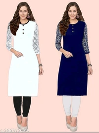 Petite Kurtis*Fabric: CrepeSleeve Length: Three-Quarter SleevesPattern: Embroidered,SolidCombo of: Combo of 2Sizes:XS (Bust Size: 35 in, Size Length: 40 in) S (Bust Size: 36 in, Size Length: 40 in) M (Bust Size: 38 in, Size Length: 40 in) L (Bust Size: 40 in, Size Length: 42 in) XL (Bust Size: 42 in, Size Length: 42 in) XXL (Bust Size: 44 in, Size Length: 42 in) XXXL (Bust Size: 46