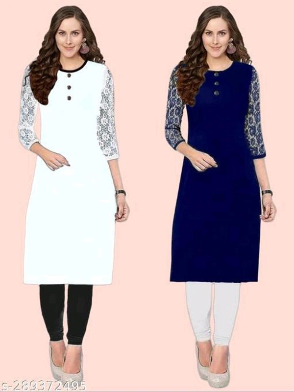 Petite Kurtis*Fabric: CrepeSleeve Length: Three-Quarter SleevesPattern: Embroidered,SolidCombo of: Combo of 2Sizes:XS (Bust Size: 35 in, Size Length: 40 in) S (Bust Size: 36 in, Size Length: 40 in) M (Bust Size: 38 in, Size Length: 40 in) L (Bust Size: 40 in, Size Length: 42 in) XL (Bust Size: 42 in, Size Length: 42 in) XXL (Bust Size: 44 in, Size Length: 42 in) XXXL (Bust Size: 46