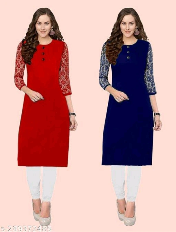 Petite Kurtis*Fabric: CrepeSleeve Length: Three-Quarter SleevesPattern: Embroidered,SolidCombo of: Combo of 2Sizes:XS (Bust Size: 35 in, Size Length: 40 in) S (Bust Size: 36 in, Size Length: 40 in) M (Bust Size: 38 in, Size Length: 40 in) L (Bust Size: 40 in, Size Length: 42 in) XL (Bust Size: 42 in, Size Length: 42 in) XXL (Bust Size: 44 in, Size Length: 42 in) XXXL (Bust Size: 46