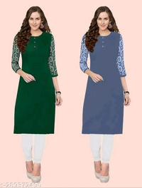Petite Kurtis*Fabric: CrepeSleeve Length: Three-Quarter SleevesPattern: Embroidered,SolidCombo of: Combo of 2Sizes:XS (Bust Size: 35 in, Size Length: 40 in) S (Bust Size: 36 in, Size Length: 40 in) M (Bust Size: 38 in, Size Length: 40 in) L (Bust Size: 40 in, Size Length: 42 in) XL (Bust Size: 42 in, Size Length: 42 in) XXL (Bust Size: 44 in, Size Length: 42 in) XXXL (Bust Size: 46