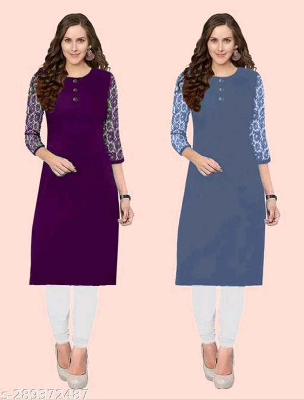 Petite Kurtis*Fabric: CrepeSleeve Length: Three-Quarter SleevesPattern: Embroidered,SolidCombo of: Combo of 2Sizes:XS (Bust Size: 35 in, Size Length: 40 in) S (Bust Size: 36 in, Size Length: 40 in) M (Bust Size: 38 in, Size Length: 40 in) L (Bust Size: 40 in, Size Length: 42 in) XL (Bust Size: 42 in, Size Length: 42 in) XXL (Bust Size: 44 in, Size Length: 42 in) XXXL (Bust Size: 46