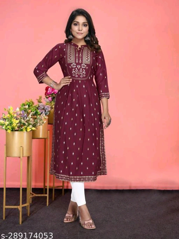 Rayon Kurti With Nayra Cut KurtiName: Rayon Kurti With Nayra Cut KurtiFabric: RayonSleeve Length: Three-Quarter SleevesPattern: PrintedCombo of: SingleSizes:S (Bust Size: 36 in) M (Bust Size: 38 in) L (Bust Size: 40 in) XL (Bust Size: 42 in) XXL (Bust Size: 44 in) Name : Rayon Kurti With Nayra Cut KurtiFabric : RayonPattern : PrintedNet Quantity (N) : 1Sizes : S, M, L, XL, XXLIndia