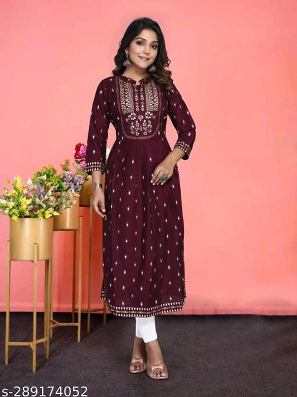 Rayon Kurti With Nayra Cut KurtiName: Rayon Kurti With Nayra Cut KurtiFabric: RayonSleeve Length: Three-Quarter SleevesPattern: PrintedCombo of: SingleSizes:S (Bust Size: 36 in) M (Bust Size: 38 in) L (Bust Size: 40 in) XL (Bust Size: 42 in) XXL (Bust Size: 44 in) Name : Rayon Kurti With Nayra Cut KurtiFabric : RayonPattern : PrintedNet Quantity (N) : 1Sizes : S, M, L, XL, XXLIndia