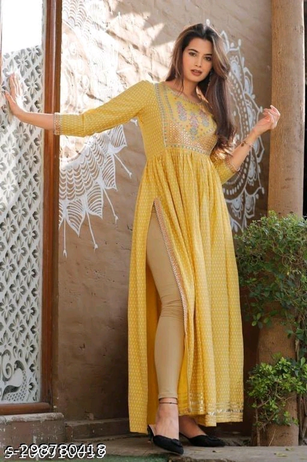 Trendy Anarkali KurtiFabric: RayonSleeve Length: Three-Quarter SleevesPattern: PrintedCombo of: SingleSizes:S (Bust Size: 36 in) M (Bust Size: 38 in) L (Bust Size: 40 in) XL (Bust Size: 42 in) XXL (Bust Size: 44 in) Trending Kurtis for Partywear Kurtis, Nyra Cut Kurti Alia Cut Kurti, Embroidered Kurti, Printed Kurtis under 400Country of Origin: India