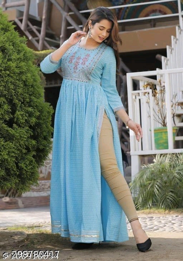 Trendy Anarkali KurtiFabric: RayonSleeve Length: Three-Quarter SleevesPattern: PrintedCombo of: SingleSizes:S (Bust Size: 36 in) M (Bust Size: 38 in) L (Bust Size: 40 in) XL (Bust Size: 42 in) XXL (Bust Size: 44 in) Trending Kurtis for Partywear Kurtis, Nyra Cut Kurti Alia Cut Kurti, Embroidered Kurti, Printed Kurtis under 400Country of Origin: India