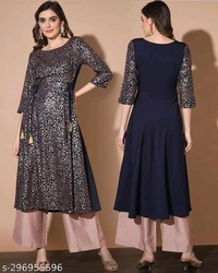 Trendy Blue, Foil Print Crepe KurtiName: The Fab factory, Blue, Foil Print Crepe KurtiFabric: CrepeSleeve Length: Three-Quarter SleevesPattern: PrintedCombo of: SingleSizes:S, M, L, XL, XXLCountry of Origin: India