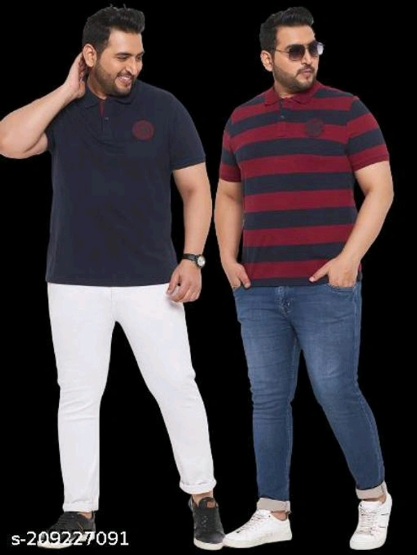 Austivo Men Striper/Solid Polo Neck T-ShirtName: Austivo Men Striper/Solid Polo Neck T-ShirtFabric: Cotton BlendSleeve Length: Short SleevesPattern: PrintedNet Quantity (N): 2Austivo Men Half Sleeve Striper Polo Neck T-ShirtSizes: XXXL (Chest Size: 48 in, Length Size: 30 in) 4XL (Chest Size: 52 in, Length Size: 31 in) 5XL (Chest Size: 54 in, Length Size: 32 in) 6XL (Chest Size: 56 