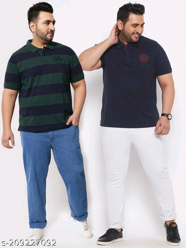 Austivo Men Striper/Solid Polo Neck T-ShirtName: Austivo Men Striper/Solid Polo Neck T-ShirtFabric: Cotton BlendSleeve Length: Short SleevesPattern: PrintedNet Quantity (N): 2Austivo Men Half Sleeve Striper Polo Neck T-ShirtSizes: XXXL (Chest Size: 48 in, Length Size: 30 in) 4XL (Chest Size: 52 in, Length Size: 31 in) 5XL (Chest Size: 54 in, Length Size: 32 in) 6XL (Chest Size: 56 