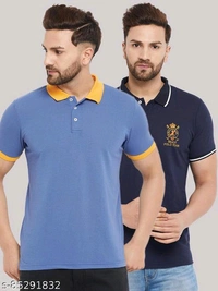 The Million Club Men's Pack of 2 Blue Half Sleeves Solid Polo NeckT-shirtName: The Million Club Men's Pack of 2 Blue Half Sleeves Solid Polo NeckT-shirtFabric: Cotton BlendSleeve Length: Short SleevesPattern: SolidNet Quantity (N): 2Sizes:M (Chest Size: 40 in, Length Size: 27 in) L (Chest Size: 42 in, Length Size: 27.5 in) XL (Chest Size: 44 in, Length Size: 28 in) XXL (Chest Size:
