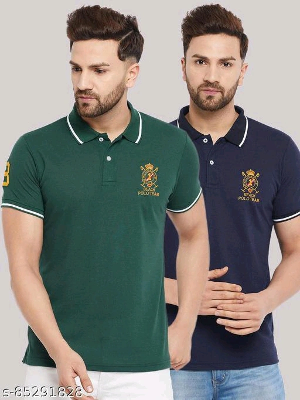 The Million Club Men's Pack of 2 Blue Half Sleeves Solid Polo NeckT-shirtName: The Million Club Men's Pack of 2 Blue Half Sleeves Solid Polo NeckT-shirtFabric: Cotton BlendSleeve Length: Short SleevesPattern: SolidNet Quantity (N): 2Sizes:M (Chest Size: 40 in, Length Size: 27 in) L (Chest Size: 42 in, Length Size: 27.5 in) XL (Chest Size: 44 in, Length Size: 28 in) XXL (Chest Size: