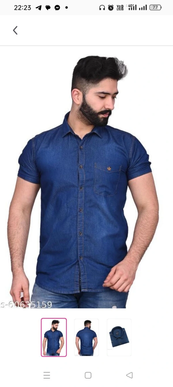 Men Casual ShirtName: Men Casual ShirtFabric: DenimSleeve Length: Short SleevesPattern: SolidNet Quantity (N):1  MMen Casual ShirtName: Men Casual ShirtFabric: DenimSleeve Length: Short SleevesPattern: SolidNet Quantity (N): 1Sizes:S, M (Chest Size: 40 in, Length Size: 29 in) L (Chest Size: 42 in, Length Size: 30 in) XL (Chest Size: 44 in, Length Size: 31 in) XXL (Chest Size: 48 in