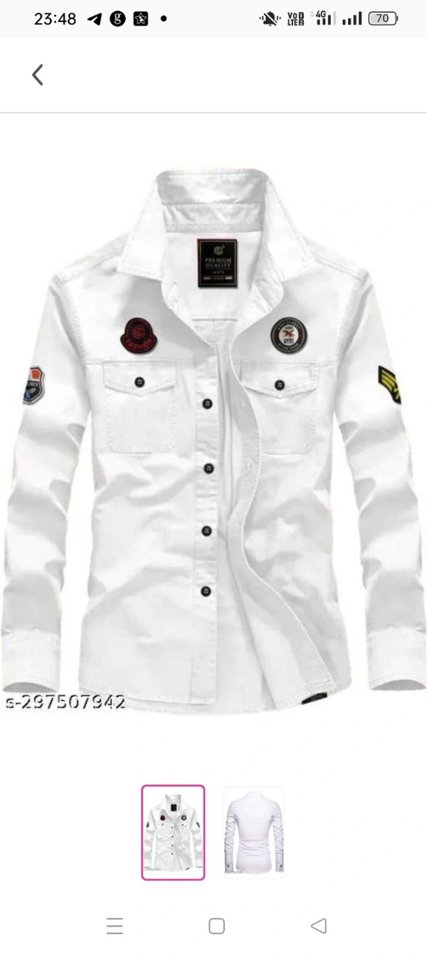 WHITE CARGO SHIRTName: WHITE CARGO SHIRTFabric: CottonSleeve Length: Long SleevesPattern: SolidNet Quantity (N): 1Sizes:S (Chest Size: 38 in, Length Size: 27.5 in) M (Chest Size: 40 in, Length Size: 28 in) L (Chest Size: 42 in, Length Size: 29 in) XL (Chest Size: 44 in, Length Size: 30 in) XXL (Chest Size: 46 in, Length Size: 30.5 in) - Care Instructions: Hand Wash Only- Fit Type: 