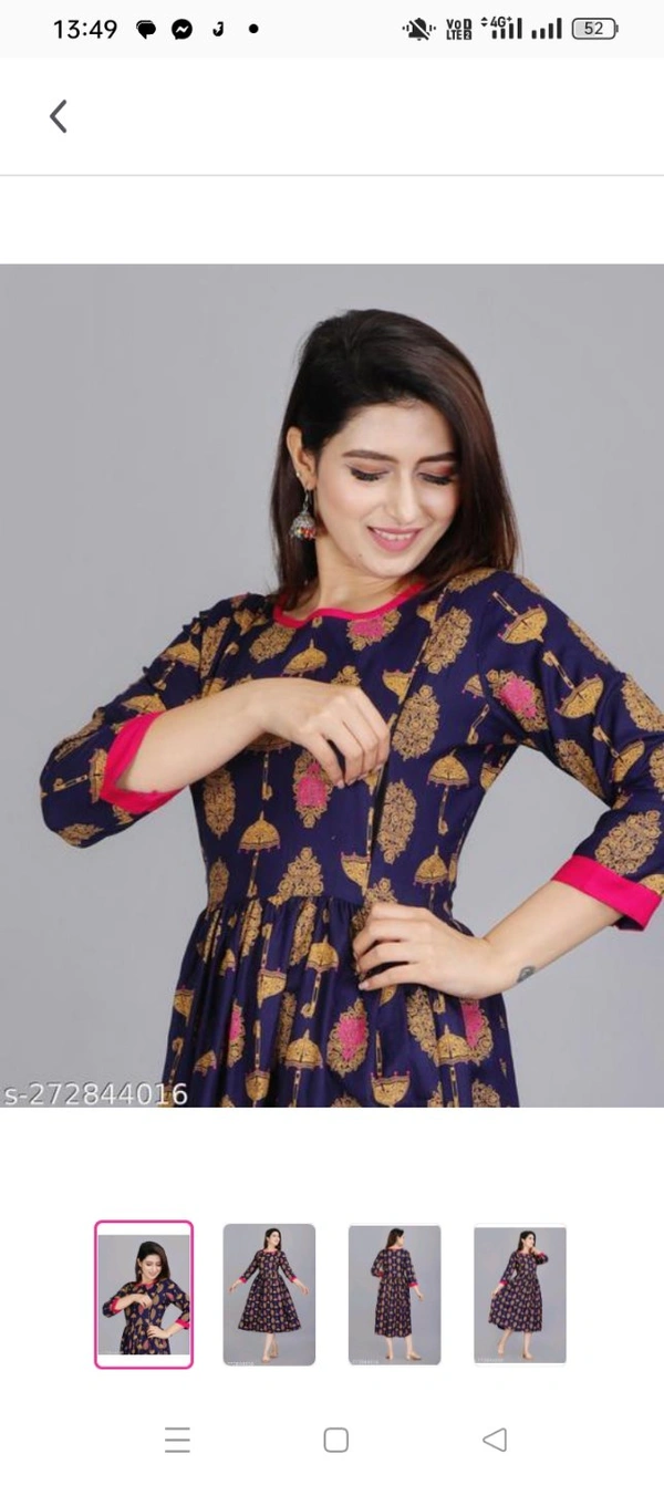 Women Reyon Printed Anarkali feeding Gown Fabric: RayonSleeve Length: Three-Quarter SleevesPattern: PrintedNet Quantity (N): 1Women Rayon Printed Anarakali feeding GownSizes: M (Bust Size: 38 in, Length Size: 40 in) L (Bust Size: 40 in, Length Size: 40 in) XL (Bust Size: 42 in, Length Size: 40 in) XXL (Bust Size: 44 in, Size: 40 
