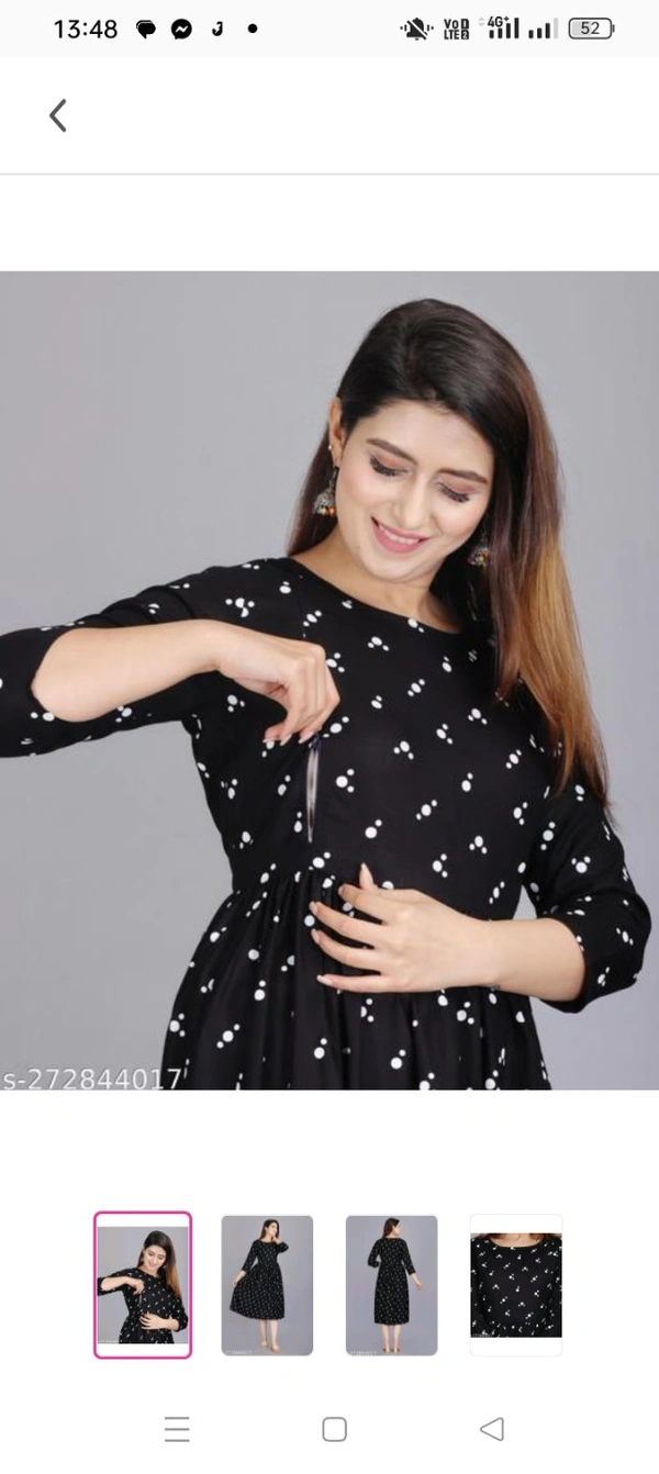 Women Reyon Printed Anarkali feeding Gown Fabric: RayonSleeve Length: Three-Quarter SleevesPattern: PrintedNet Quantity (N): 1Women Rayon Printed Anarakali feeding GownSizes: M (Bust Size: 38 in, Length Size: 40 in) L (Bust Size: 40 in, Length Size: 40 in) XL (Bust Size: 42 in, Length Size: 40 in) XXL (Bust Size: 44 in, Size: 40 