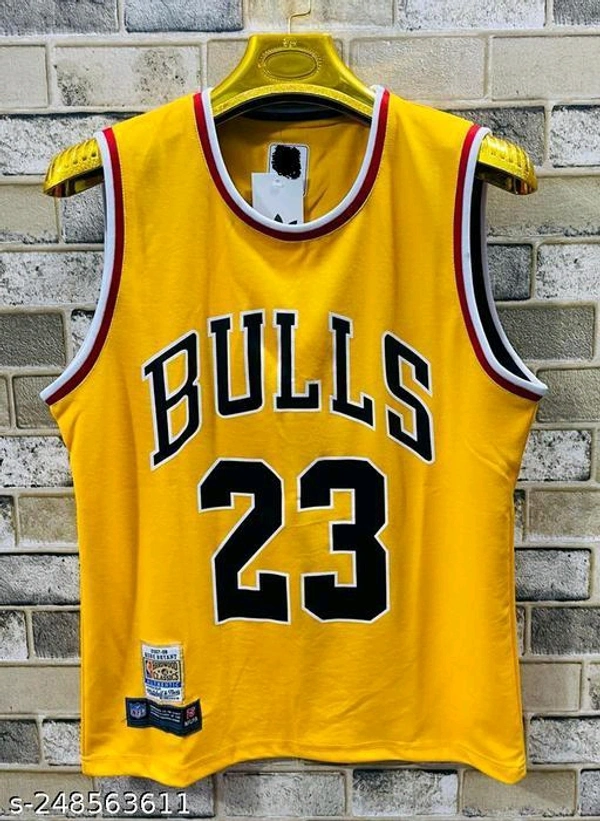High Demand Bulls 23 Rib Imported Fabric Drifit Sandow Tshirts Fabric: PolyesterSleeve Length: SleevelessPattern: PrintedNet Quantity (N): 1Sizes:M, L, XL, XXLCountry of Origin: India
