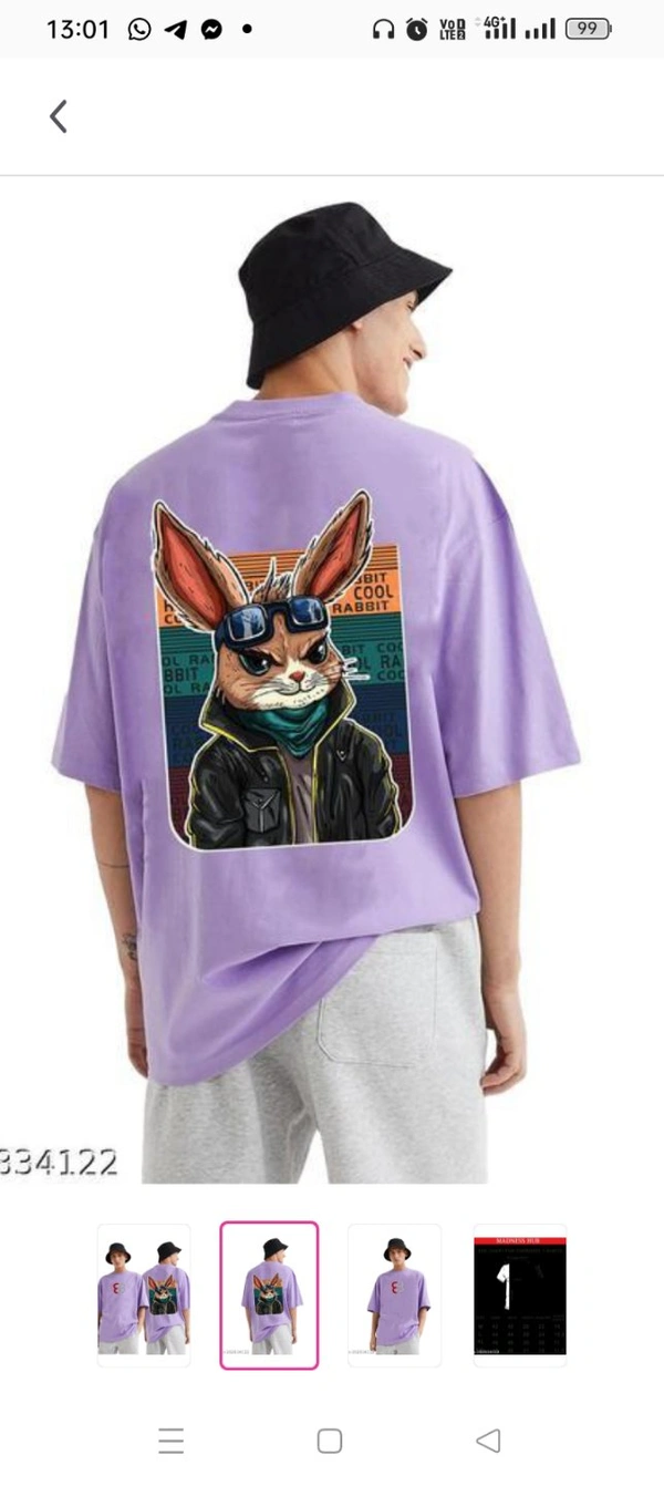 Lavender Classy Loose Fit Oversize Cotton T-Shirt  For MenFabric: CottonSleeve Length: Three-Quarter Sleeves Pattern: Printed Net  (N): 1 Sizes: M  L  XL  XXl