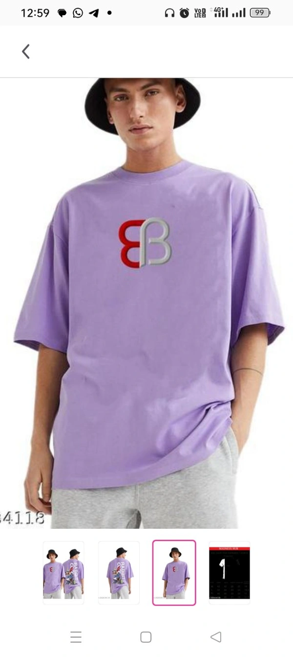 Lavender Classy Loose Fit Oversize Cotton T-Shirt  For MenFabric: CottonSleeve Length: Three-Quarter Sleeves Pattern: Printed Net  (N): 1 Sizes: M  L  XL  XXl