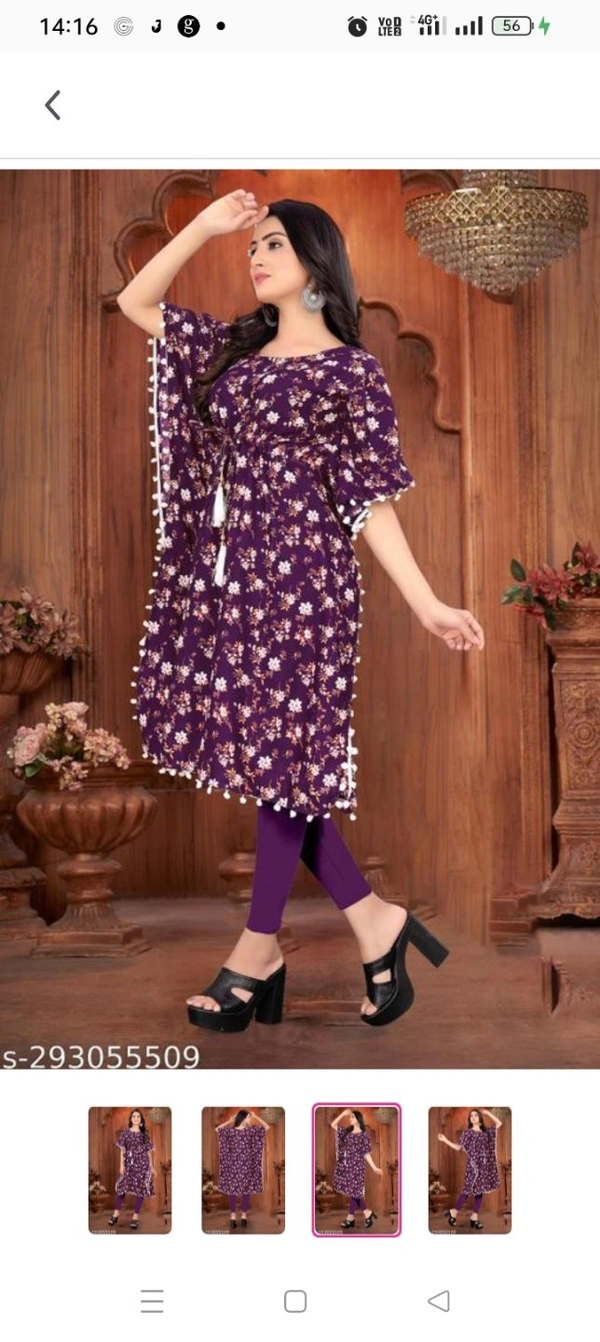 Stylish Crepe Printed women Kaftan TopName: Stylish Crepe Printed women Kaftan TopFabric: CrepeSleeve Length: Short SleevesPattern: PrintedCombo of: SingleSizes: S  M  L  XL  XXL  XXXL (Bust Size: 
