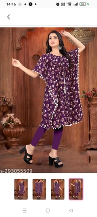 Stylish Crepe Printed women Kaftan TopName: Stylish Crepe Printed women Kaftan TopFabric: CrepeSleeve Length: Short SleevesPattern: PrintedCombo of: SingleSizes: S  M  L  XL  XXL  XXXL (Bust Size: 