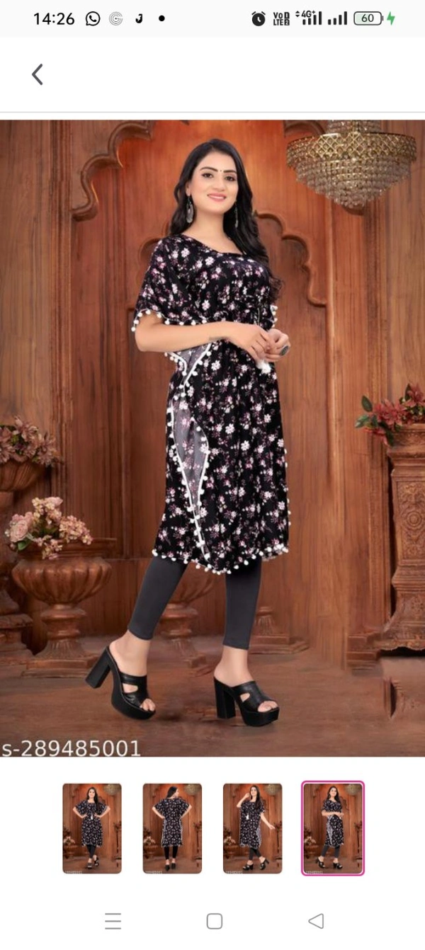 Stylish Crepe Printed Peach women Kaftan TopName: Stylish Crepe Printed Peach women Kaftan TopFabric: CrepeSleeve Length: Short SleevesPattern: PrintedCombo of: SingleSizes: : S  M L  XL  XXL  XXXL 