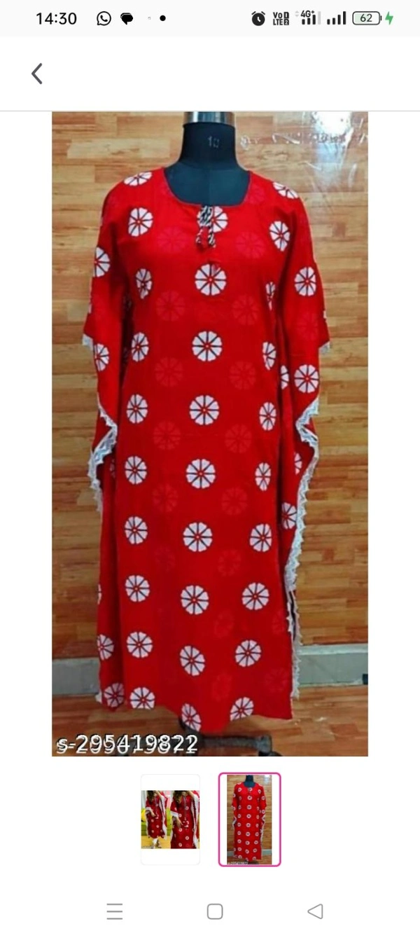 Red printed material kaftans Name: Red printed material kaftans Fabric: Viscose RayonSleeve Length: Three-Quarter SleevesPattern: PrintedCombo of: SingleSizes:XL (Bust Size: 42 in, Size Length: 44 in) L (Bust Size: 40 in, Size Length: 44 in) XXL (Bust Size: 44 in, Size Length: 44 in) M (Bust Size: 38 in, Size Length: 44 in) Letest digital Printed kurta in Kaftans Lowest price (pack