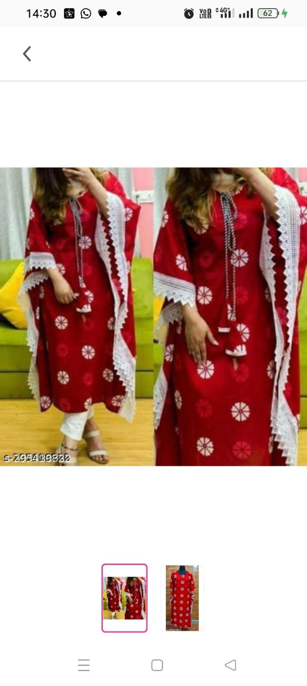 Red printed material kaftans Name: Red printed material kaftans Fabric: Viscose RayonSleeve Length: Three-Quarter SleevesPattern: PrintedCombo of: SingleSizes:XL (Bust Size: 42 in, Size Length: 44 in) L (Bust Size: 40 in, Size Length: 44 in) XXL (Bust Size: 44 in, Size Length: 44 in) M (Bust Size: 38 in, Size Length: 44 in) Letest digital Printed kurta in Kaftans Lowest price (pack