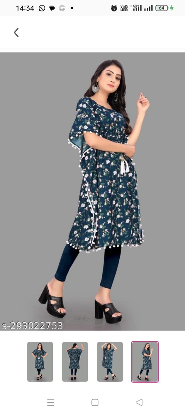 Stylish Crepe Printed women Kaftan TopName: Stylish Crepe Printed women Kaftan TopFabric: CrepeSleeve Length: Three-Quarter SleevesPattern: PrintedCombo of: SingleSizes: -S  M L  XL  XXL  XXXL (Bus