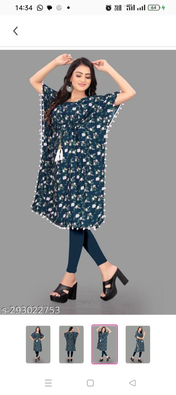 Stylish Crepe Printed women Kaftan TopName: Stylish Crepe Printed women Kaftan TopFabric: CrepeSleeve Length: Three-Quarter SleevesPattern: PrintedCombo of: SingleSizes: -S  M L  XL  XXL  XXXL (Bus