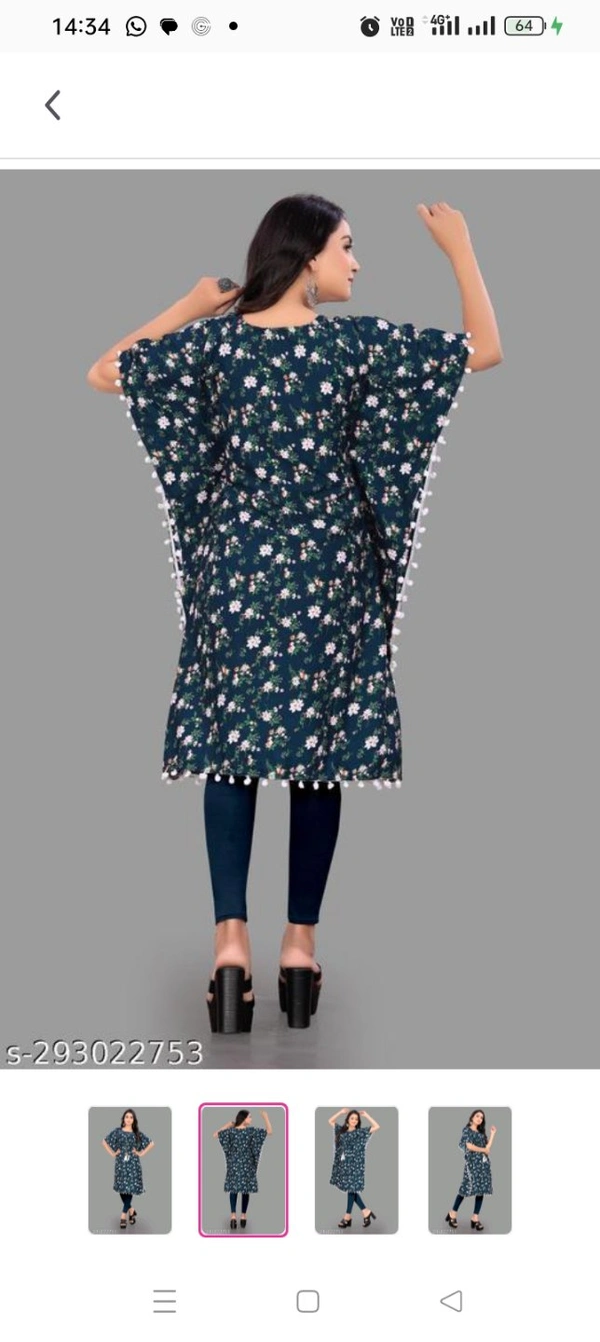 Stylish Crepe Printed women Kaftan TopName: Stylish Crepe Printed women Kaftan TopFabric: CrepeSleeve Length: Three-Quarter SleevesPattern: PrintedCombo of: SingleSizes: -S  M L  XL  XXL  XXXL (Bus